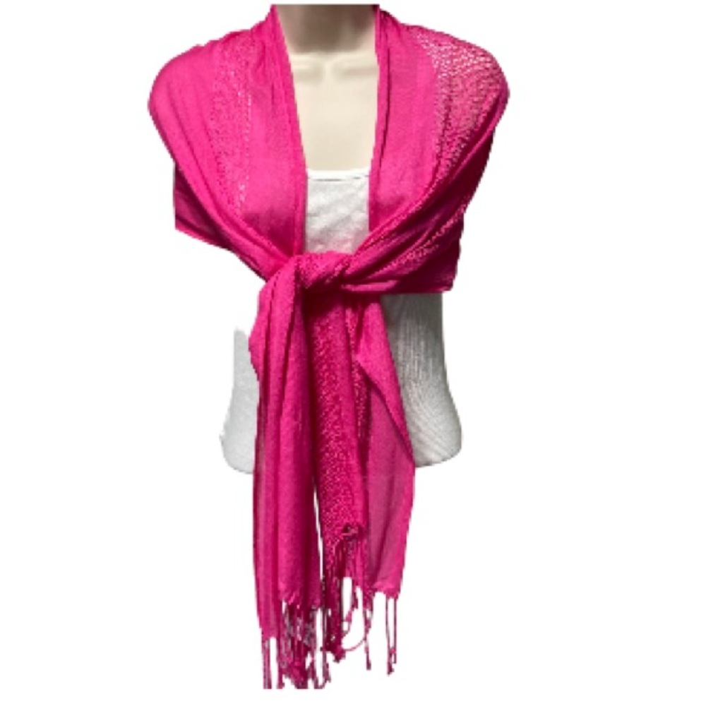 Fringe Scarf Sarong Cover up Necktie Fuschia Pink Rayon Textured 68 x 16 inches